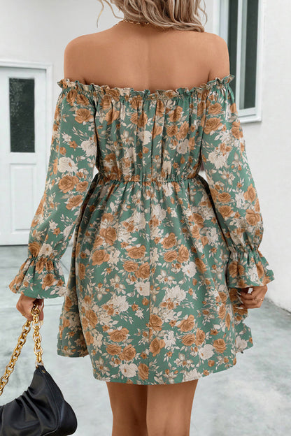 flowersverse Floral Off-Shoulder Flounce Sleeve Mini Dress