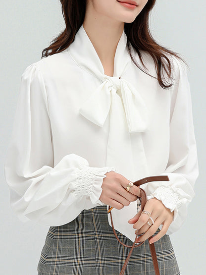 flowersverse Urban 4 Colors Split-Side Tied Puff Sleeves Blouse