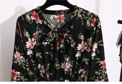 flowersverse Autumn Winter Ladies Chiffon High Elastic Waist Women Bow Aline Full Sleeve Flower Print Floral Party Dress Female Vestido