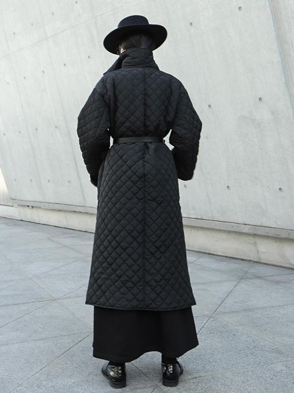 flowersverse Black Rhombic Split-Side High Collar Long Coat