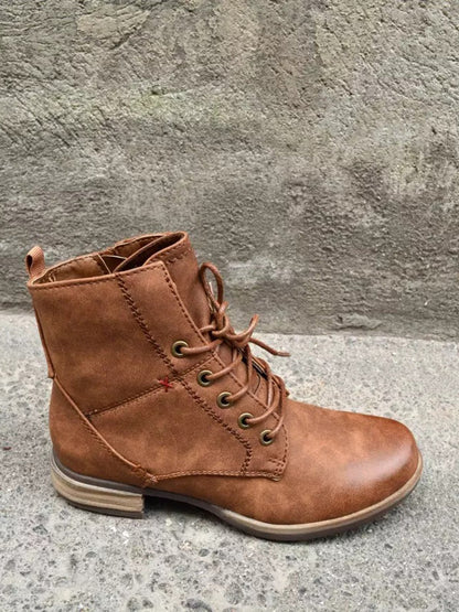 flowersverse Red Stitched Brown Leather Vintage Casual Boots