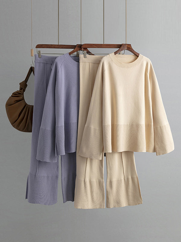 flowersverse Casual Long Sleeves Loose Solid Color Round-Neck Sweater Tops & Wide Leg Pants Two Pieces Set