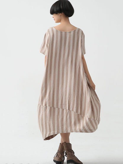 flowersverse Plus Size Women Summer Casual Stripe Cotton Linen Loose Dress