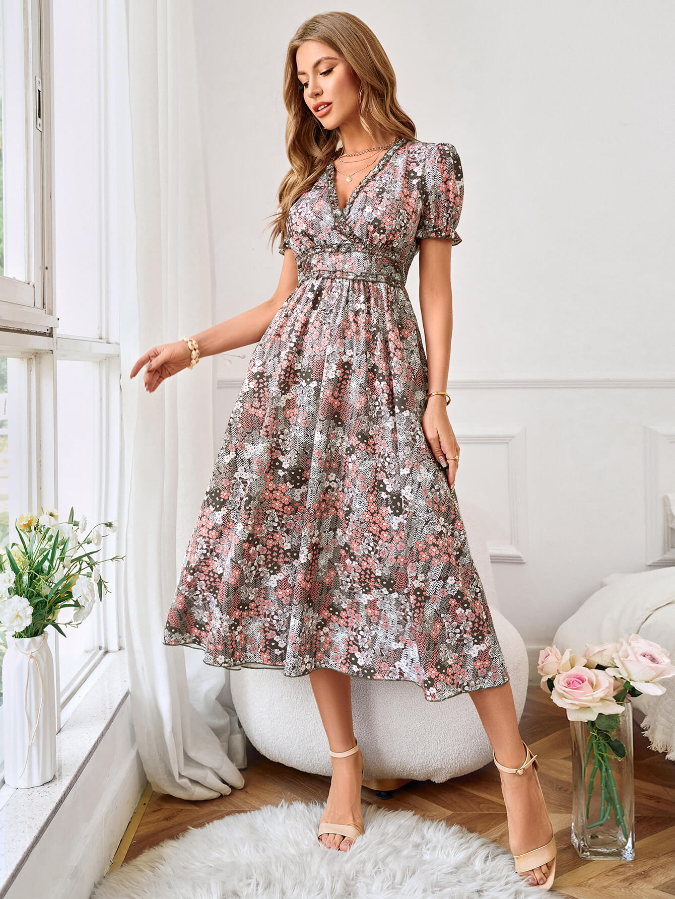 flowersverse GOLDIE SHORT SLEEVE FLORAL MAXI DRESS - BROWN