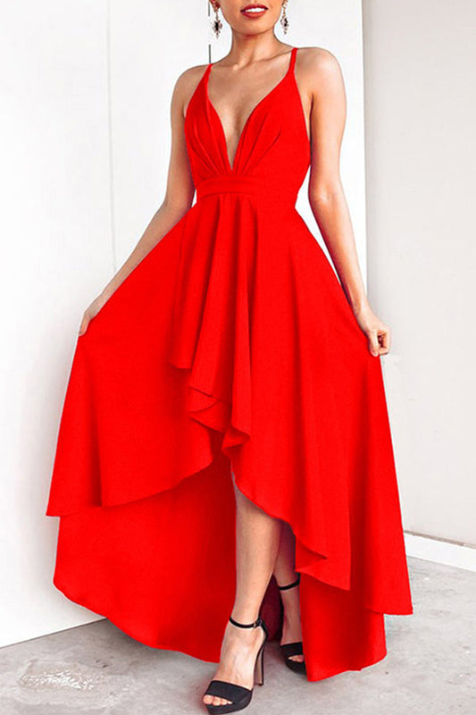 flowersverse Sexy Formal Solid Asymmetrical V Neck Dresses