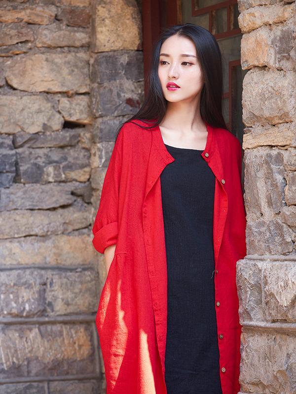 flowersverse Soft Red Ramie Cotton Linen Cover-up Cardigan