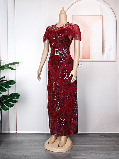 flowersverse Plus Size Women Vintage Sequin Fringe Dress