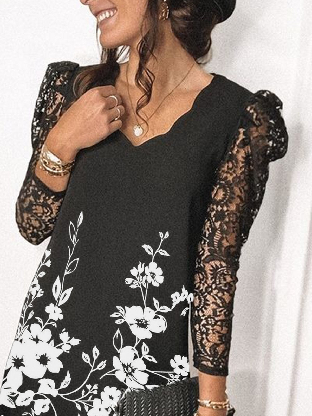 flowersverse Floral Casual Lace V Neck Long Sleeve A-Line Dress