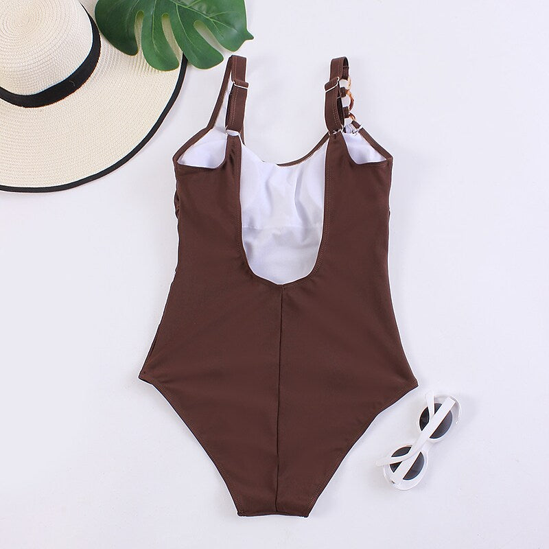 flowersverse Women's Swimwear One Piece Normal Swimsuit Quick Dry Solid Color Striped Coffee color Black Bodysuit Bathing Suits Sports Beach Wear Summer