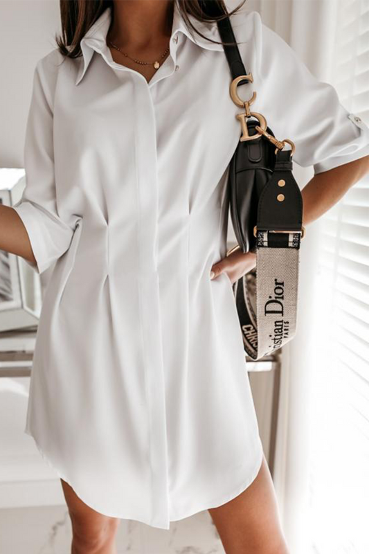 flowersverse Casual Solid Buckle Fold Turndown Collar Shirt Dress Dresses(3 Colors)