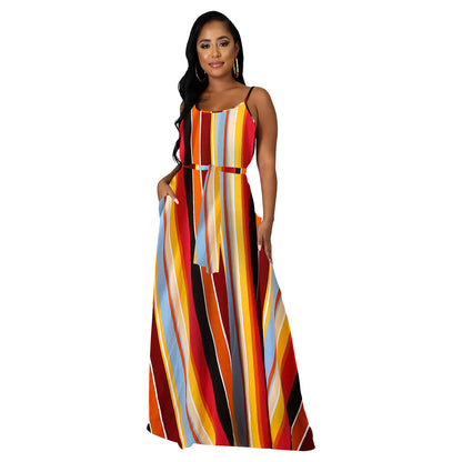 flowersverse Trendy Loose Plus Size Printed Stripe Strap Dress