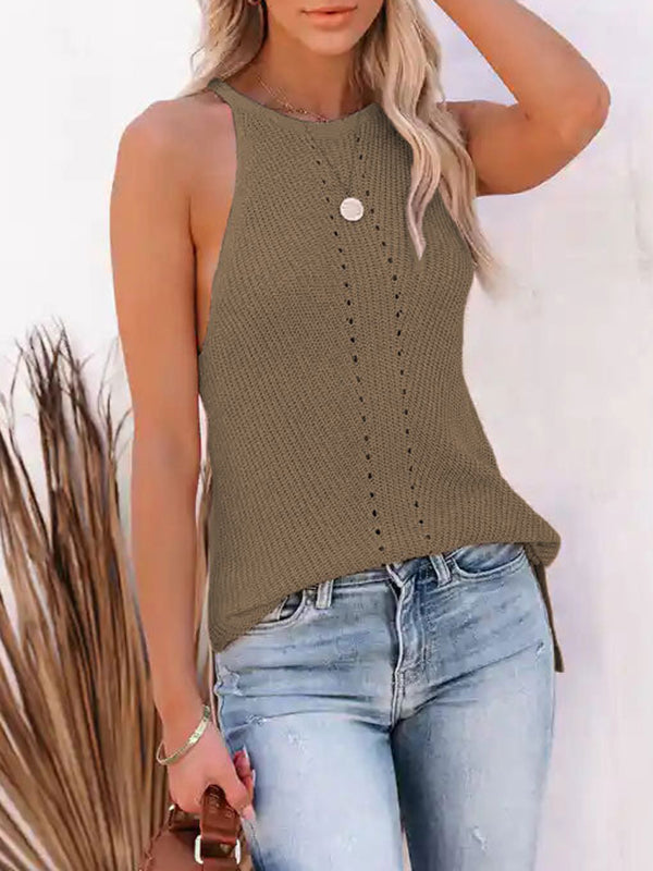 flowersverse Hollow Solid Color Loose Sleeveless Spaghetti-Neck Vest Top