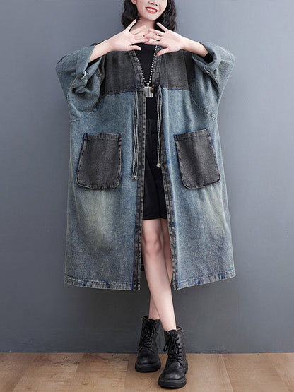 flowersverse Artistic Retro Denim Long Sleeves Loose Tied Split-Joint Trench Outerwear