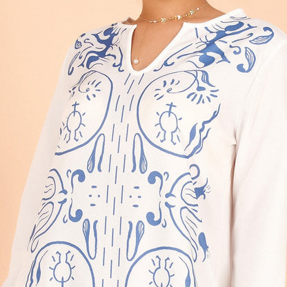 flowersverse Ladies Elegant Classical Floral Print Loose Large Size All-match Arab Dress Long Blue White Women's Dress