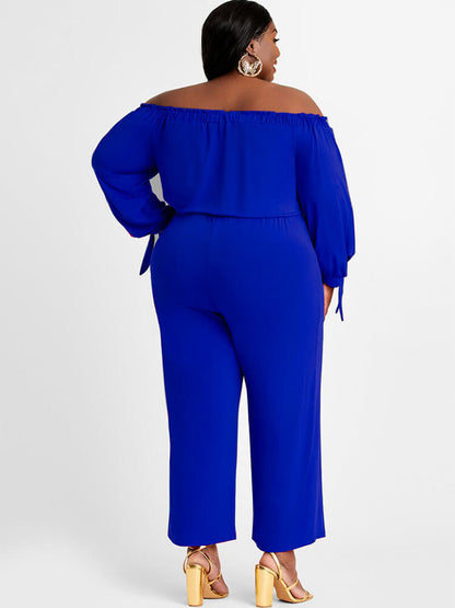 flowersverse Plus Size Off Shoulder Long Sleeve Long Pants Jumpsuits