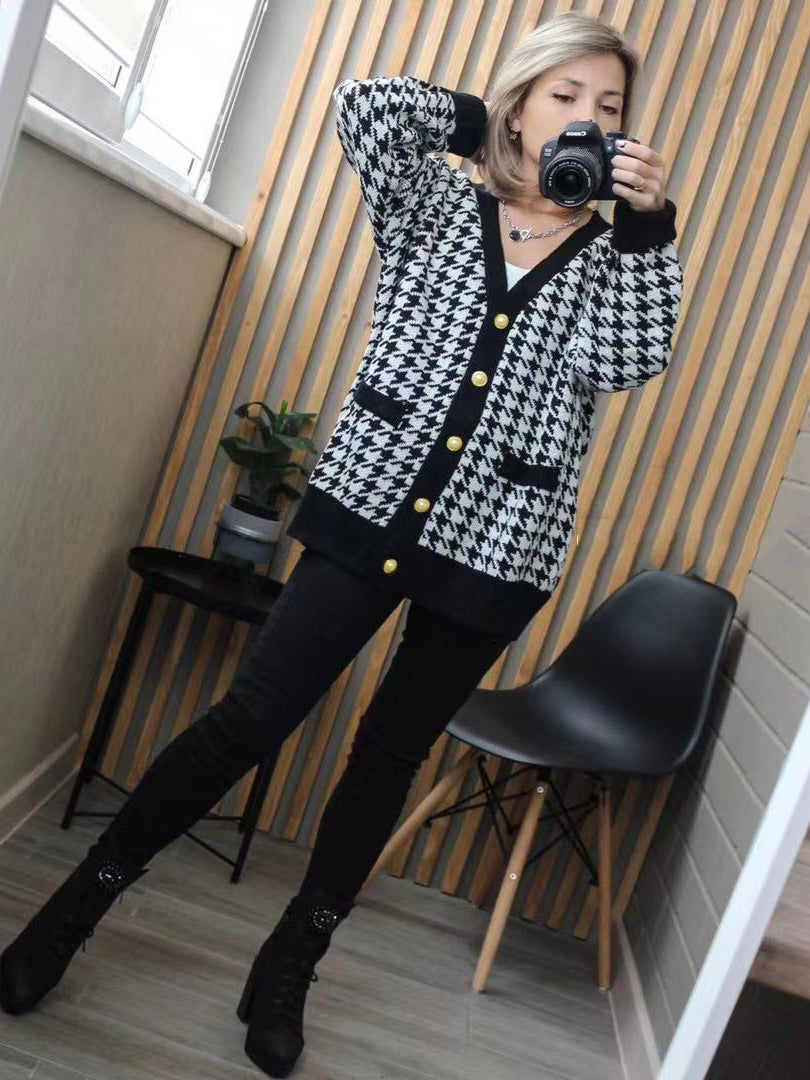 flowersverse Urban Long Sleeves Checkered V-Neck Cardigan Tops