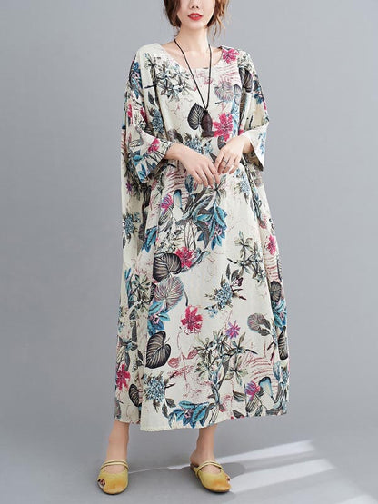 flowersverse Vintage Floral Round-Neck Dress