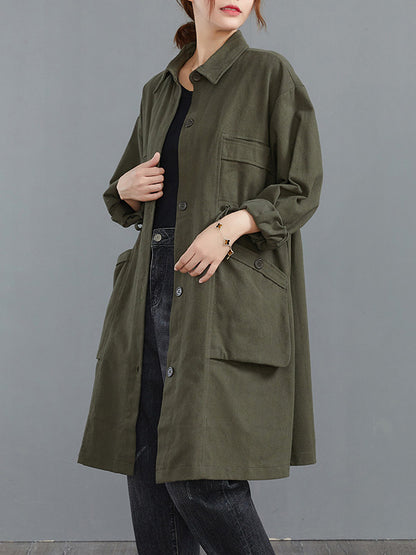 flowersverse Casual Loose Solid Color Buttoned Lapel Collar Long Sleeves Trench Coat