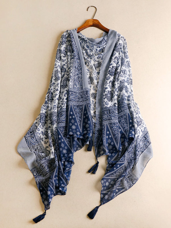 flowersverse Printed Blue-And-White Sun-protection Tasseled Shawl&Scarf