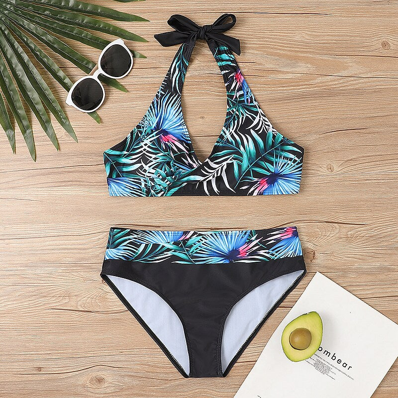 flowersverse Women's Swimwear Bikini Plus Size Swimsuit 2 Piece Striped Black Burgundy Blue Lavender Purple Bandeau Bathing Suits Sports Summer