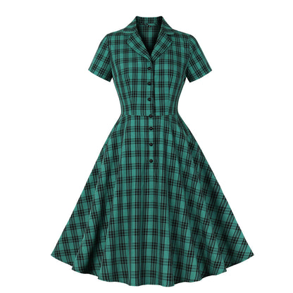 flowersverse Women Retro Button British Plaid Dress