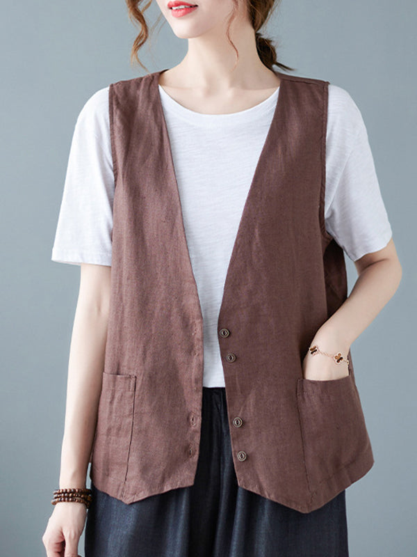 flowersverse Simple Loose V-Neck Solid Color Vest