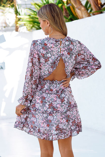 flowersverse Classy Floral Frill Trim Plunge Flounce Sleeve Mini Dress