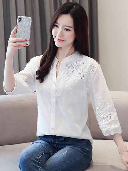 flowersverse Vintage Half Sleeves Hollow Embroidered White Blouse