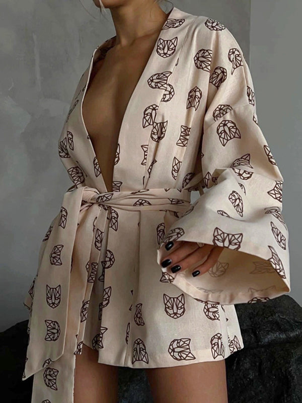 flowersverse  Loose  Printed  Long Sleeves Tied Waist Robes + High-Waisted Short Bottom Robes Pajama Sets