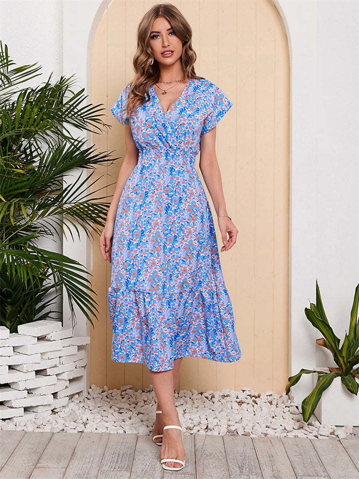 flowersverse Chiffon Printed One Sleeve Large Swing Holiday Beach Dress