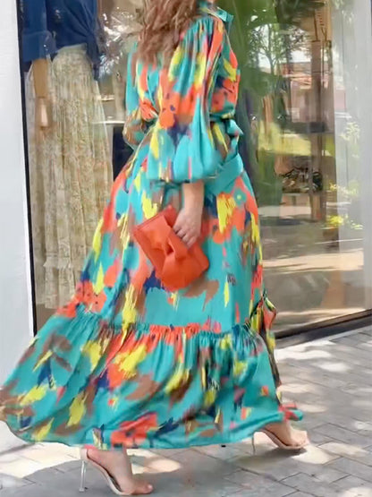 flowersverse Long Sleeves Loose Printed Lapel Collar Maxi Dresses