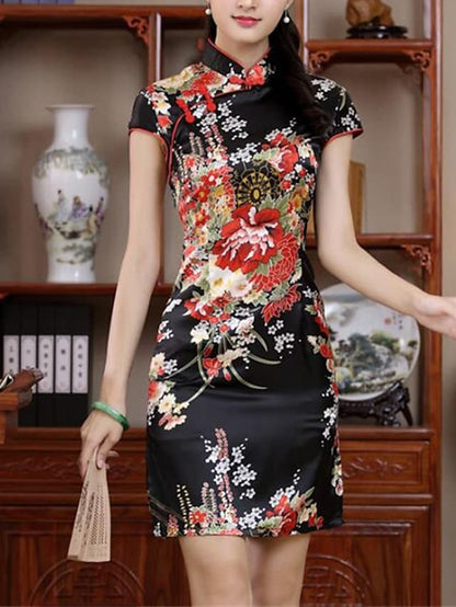 flowersverse Women's Semi Formal Dress Sheath Dress Cheongsam Dress Mini Dress Black White Red Short Sleeve Floral Split Summer Spring Mandarin Collar Elegant Wedding Guest Spring Dress Slim  S M L XL XXL