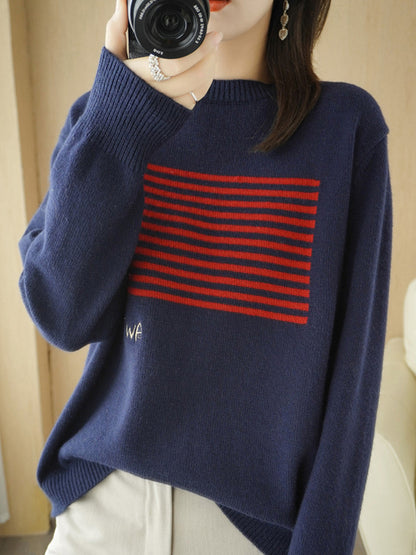 flowersverse Casual Loose Long Sleeves Striped Round-Neck Sweater Tops