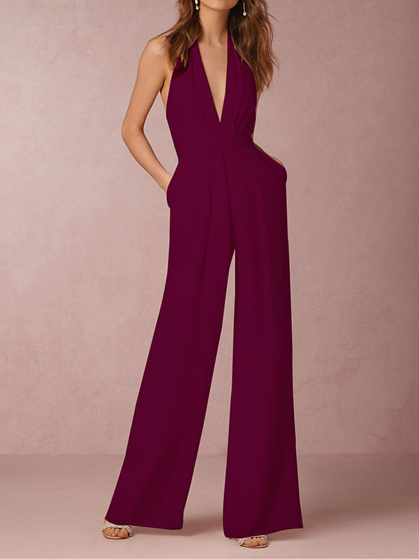 flowersverse Backless Solid Color Sleeveless Wide Leg Halter-Neck Jumpsuits