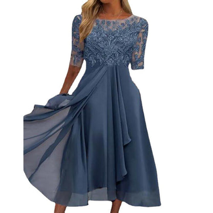 flowersverse Chiffon Asymmetric Skirt Stitching Lace Hollow-out Long Bridesmaid Evening Women's Dress