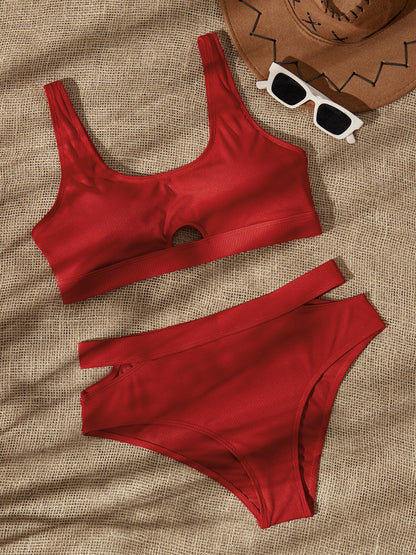 flowersverse Sexy Plain Cut-Outs Scoop Neck Bikinis Two-Piece Set