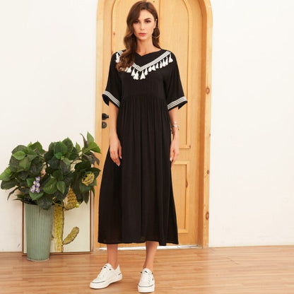 flowersverse Bohemian Style Cotton And Linen Tassel Round Neck Stitching Middle Sleeve Black Long A-line Dress