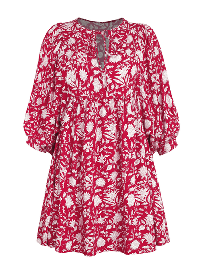 flowersverse ANDERSON FLORAL SHORT SLEEVE MINI DRESS - RED