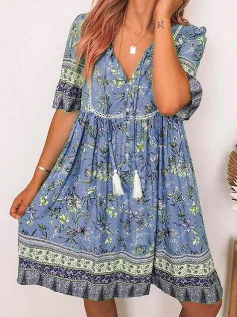 flowersverse Boho A-Line V Neck Short Sleeve Weaving Dress