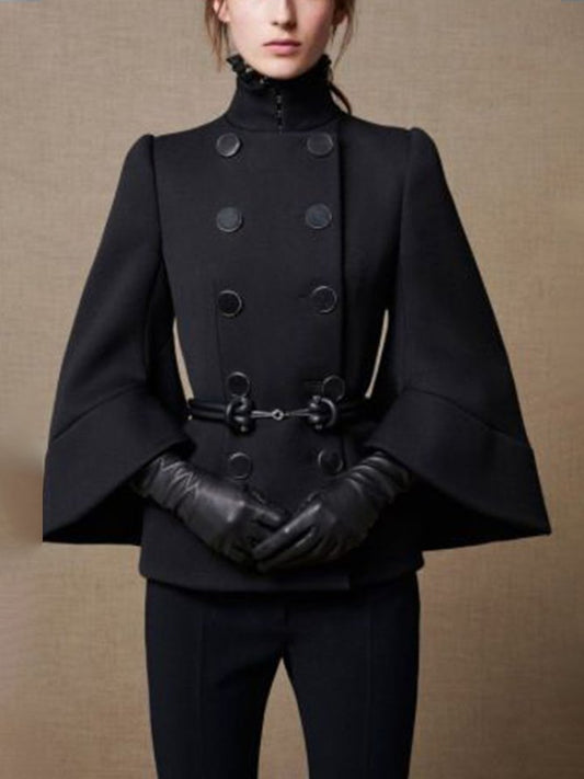 flowersverse Flared Buttoned Solid Color High Neck Outerwear Woolen Coat