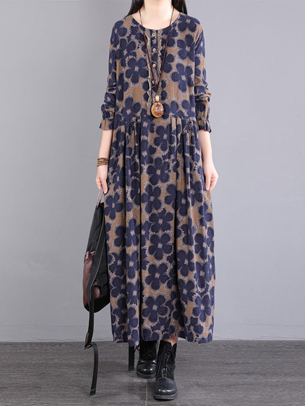 flowersverse Casual Long Sleeves Loose Floral Printed Round-Neck Midi Dresses