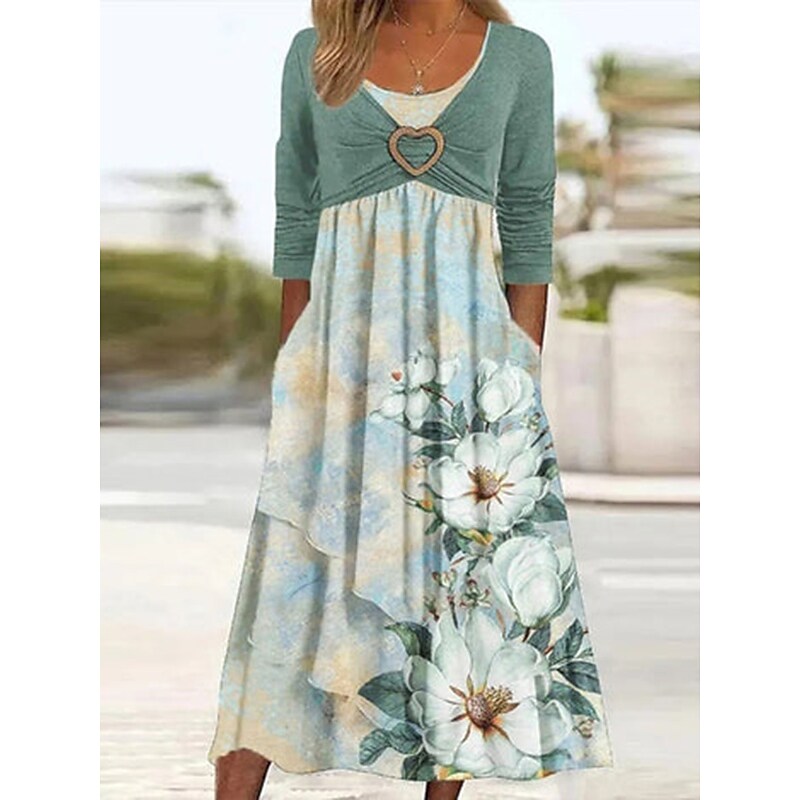 flowersverse Women's Casual Dress Summer Dress Print Dress Floral Ruched Fake two piece Crew Neck Midi Dress Fashion Modern Outdoor Daily Half Sleeve Regular Fit Green Spring Summer S M L XL XXL