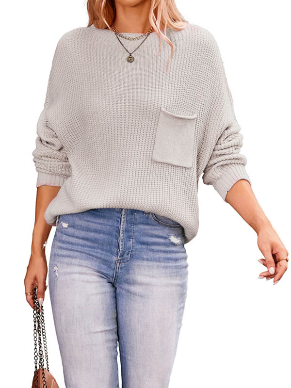 flowersverse Pockets Solid Color Long Sleeves Loose Round-Neck Sweater Tops Pullovers