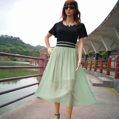 flowersverse Chiffon Stitching Color Long Skirt Large Swing Plus Size Women's Dress