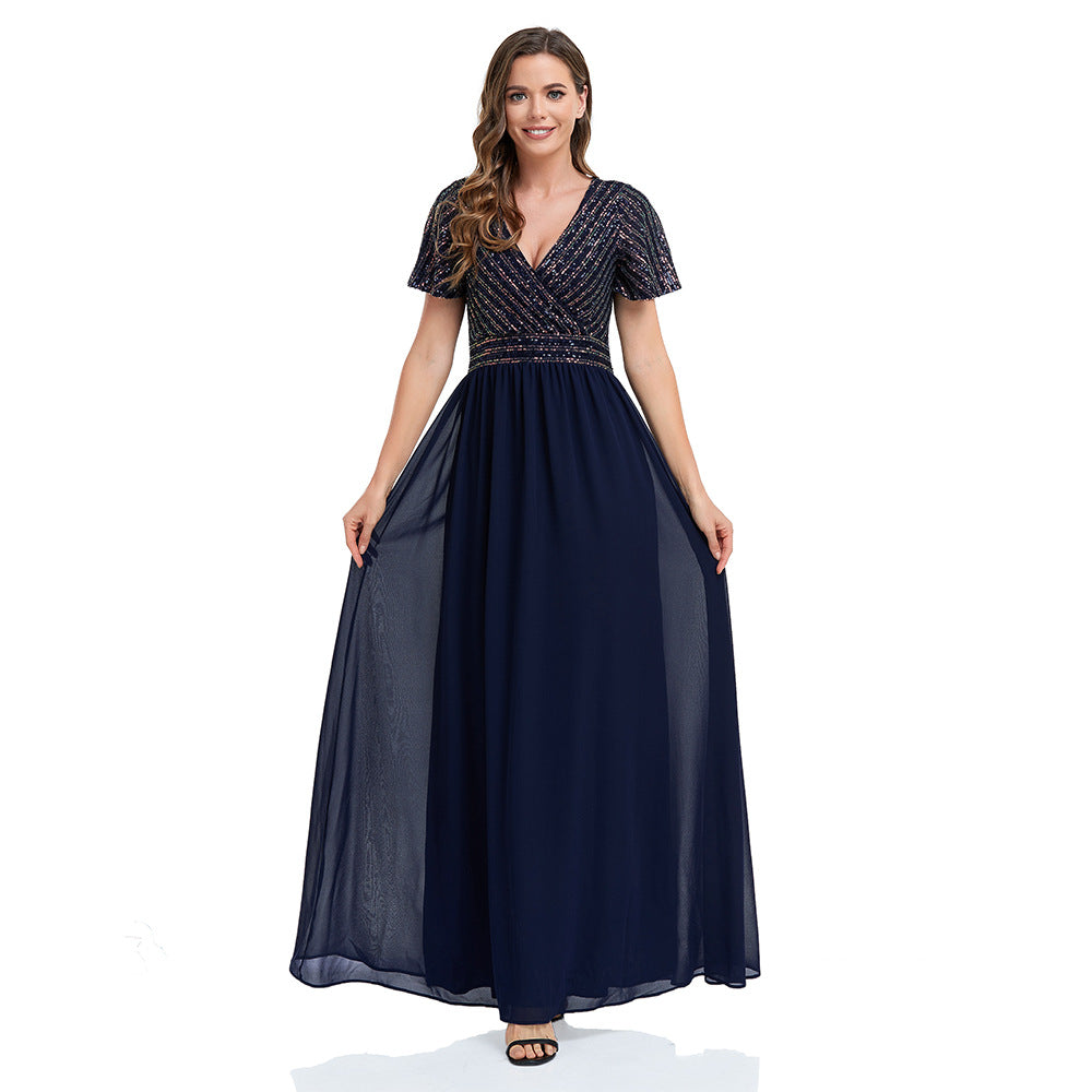 flowersverse Women's Plus Size Evening Gown Short Sleeve V-Neck Sequin Patchwork Chiffona Letter Swing Dress