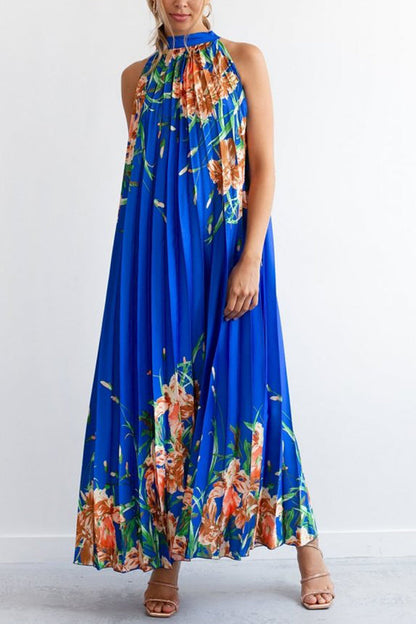 flowersverse Life In Floral Pleated Halter Neck Maxi Dress