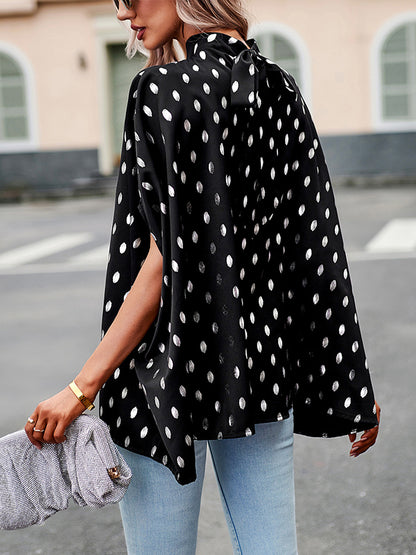 flowersverse Bandage Polka Dot Loose Round-Neck Blouses&Shirts Tops