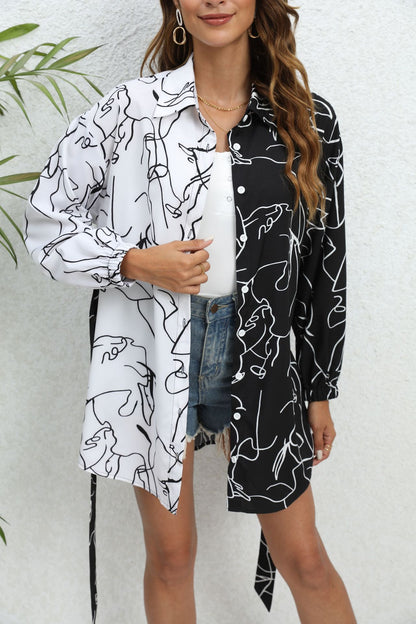 flowersverse Long Sleeves Loose Contrast Color Printed Split-Joint Tied Waist Lapel Mini Dresses Shirt Dress