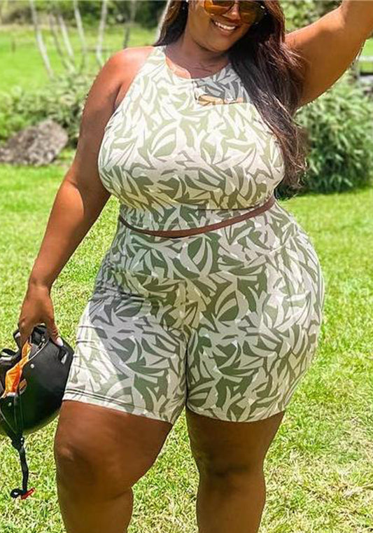 flowersverse Sexy Summer Print Sleeveless Plus Size Two-Piece Shorts Set