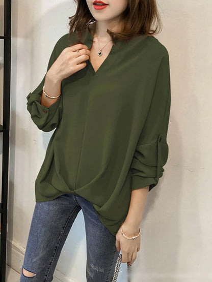 flowersverse Casual Long Sleeves Loose Solid Color V-Neck Blouses&Shirts Tops